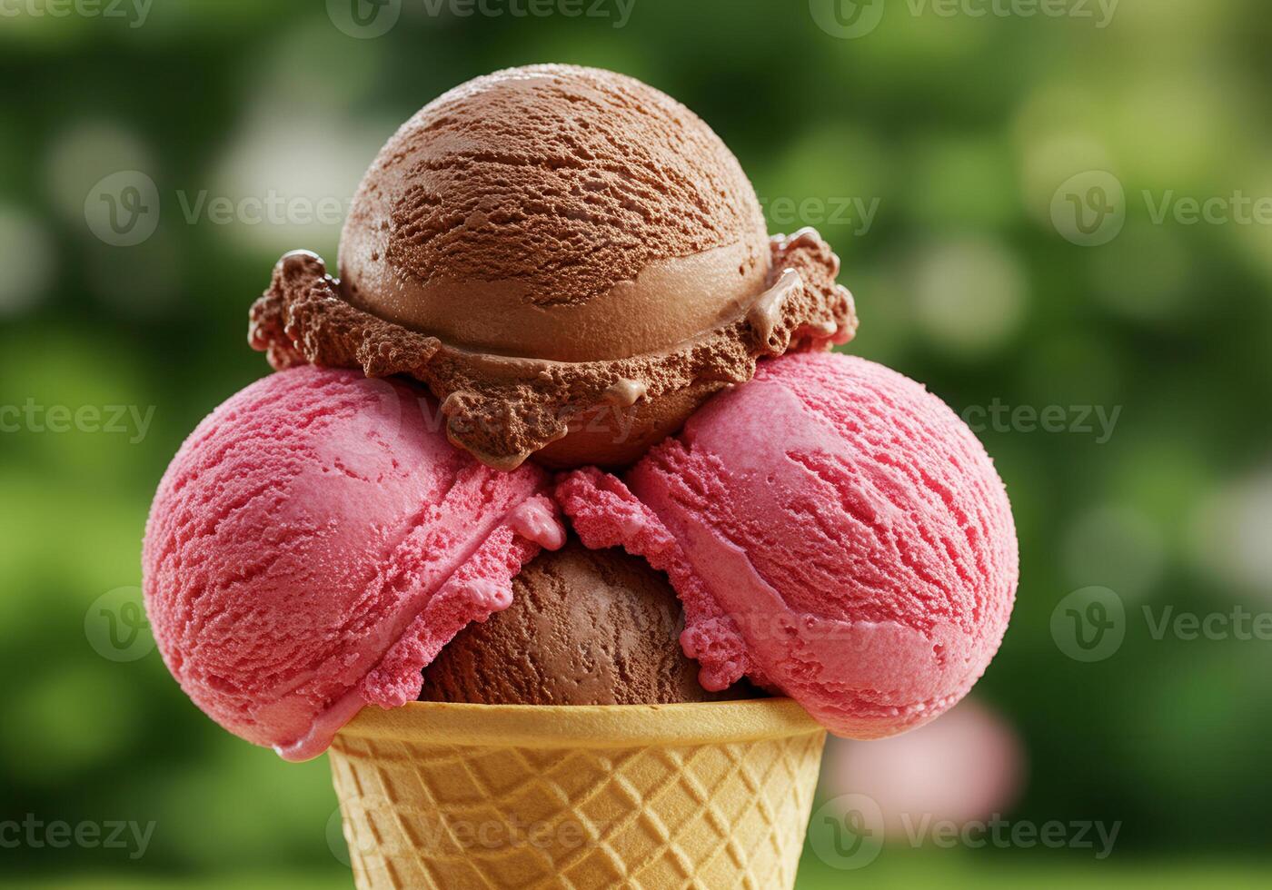 A refreshing ice cream cone featuring three vibrant scoops, perfect for a summer day. photo