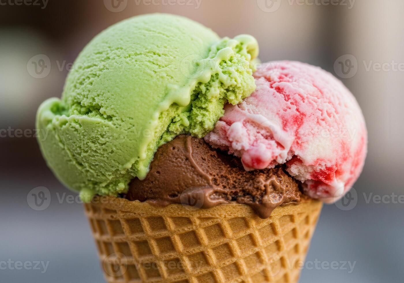 A delicious ice cream cone with three colorful scoops ready to be enjoyed. photo