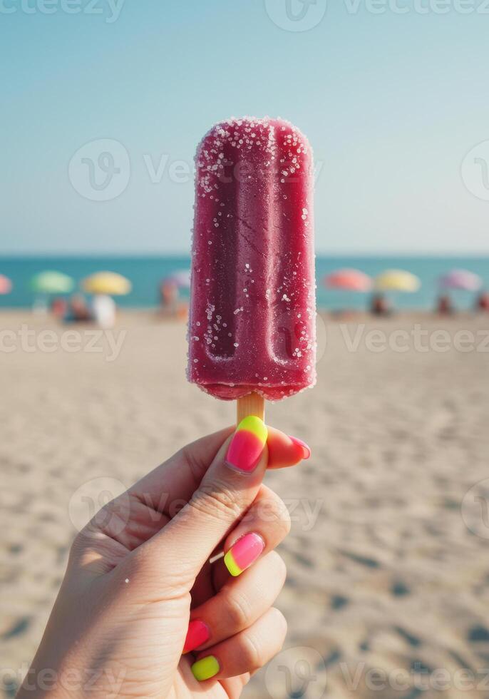 A hand holds a refreshing pink popsicle at the beach on a sunny day. photo