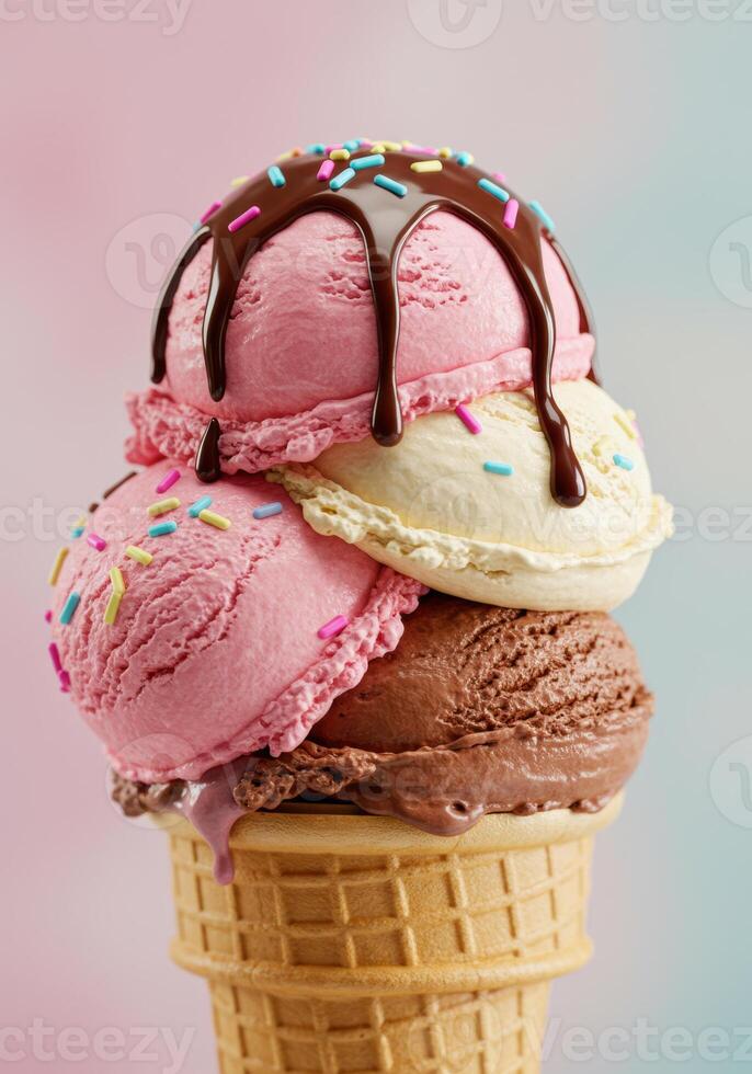 A delightful ice cream cone featuring three scoops of different flavors with toppings. photo