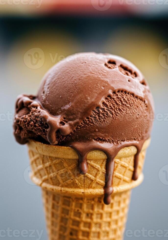 A delectable chocolate ice cream cone with melting chocolate dripping down the side. photo