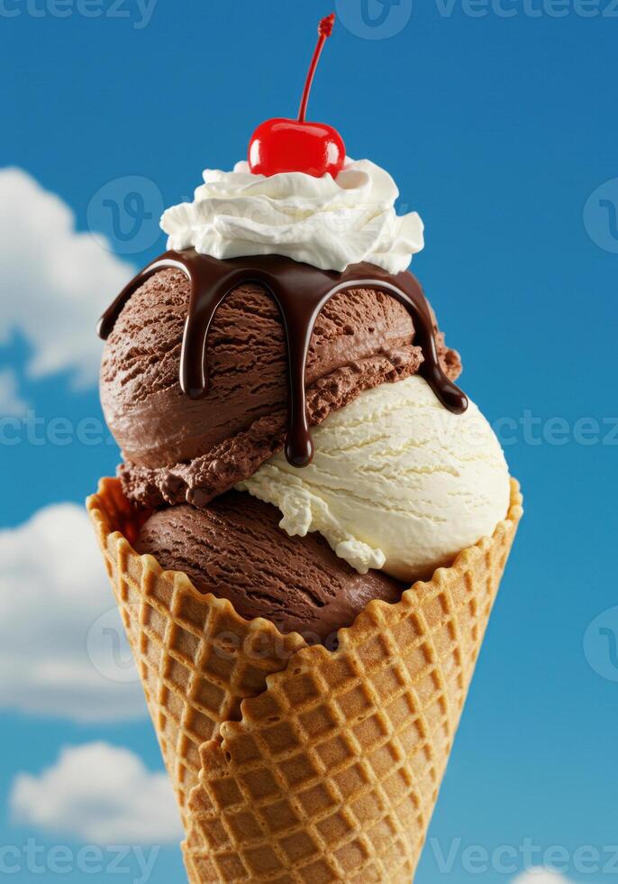 A delightful ice cream cone featuring two scoops of chocolate and vanilla flavors. photo