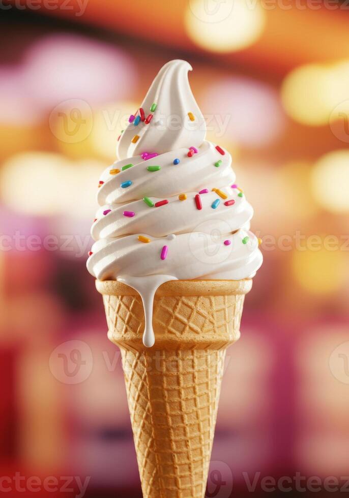 A creamy swirl of vanilla ice cream on a crunchy waffle cone with colorful sprinkles. photo