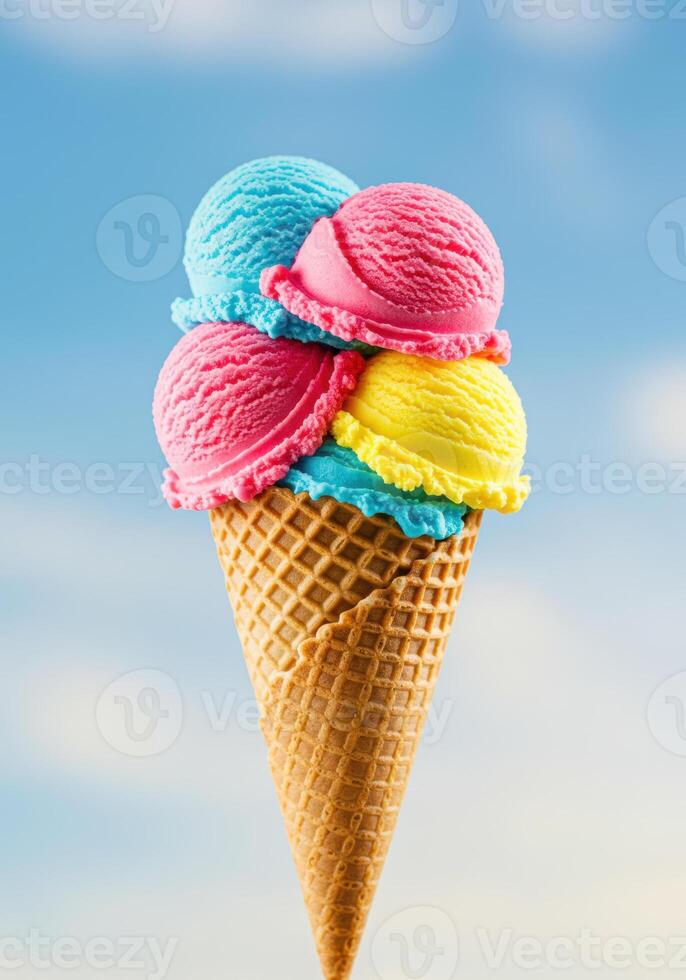 An appealing ice cream cone with various colorful ice cream scoops on a sunny day. photo