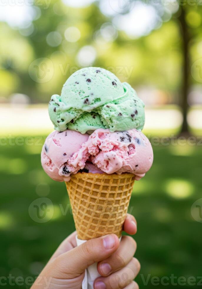 A refreshing ice cream cone with two scoops of delicious flavors on a bright summer day. photo