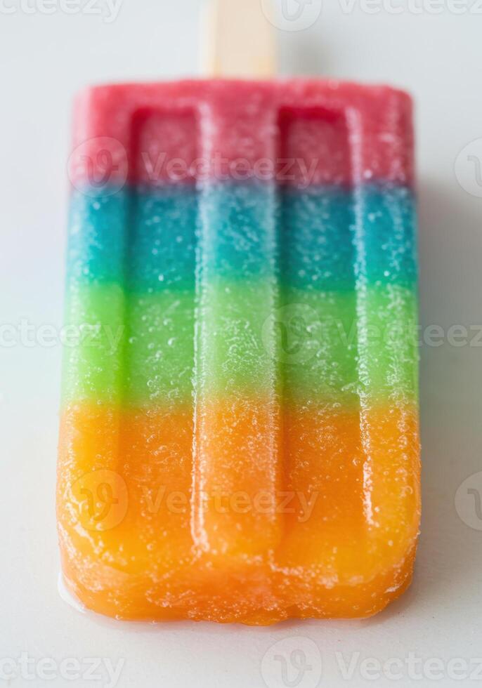 A delicious, vibrant, and refreshing rainbow popsicle on a white surface. photo