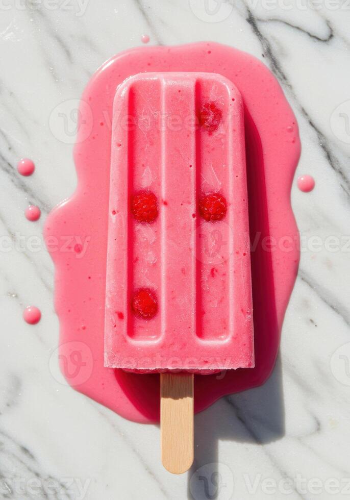 A refreshing raspberry popsicle melting on a white marble surface. photo