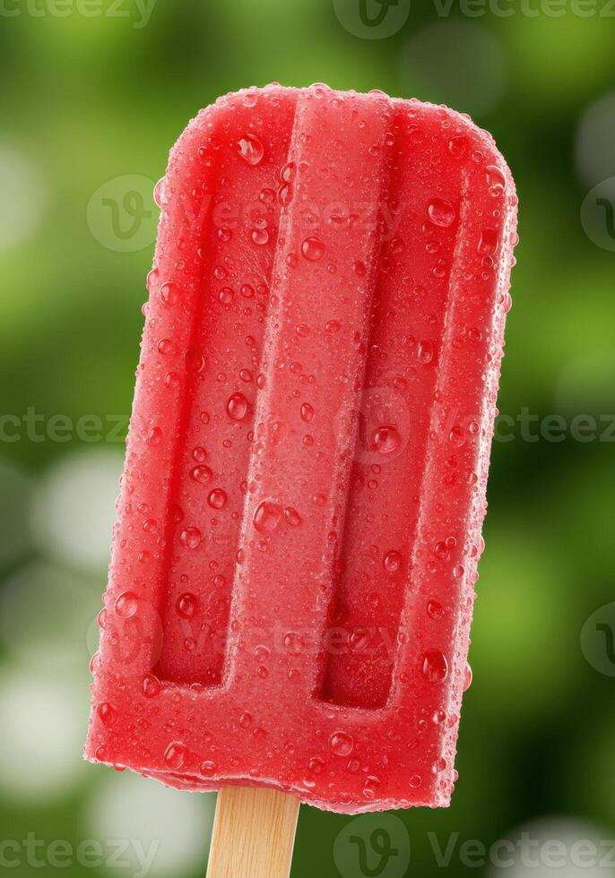 A close up shot of a vibrant red popsicle on a stick with water droplets. photo
