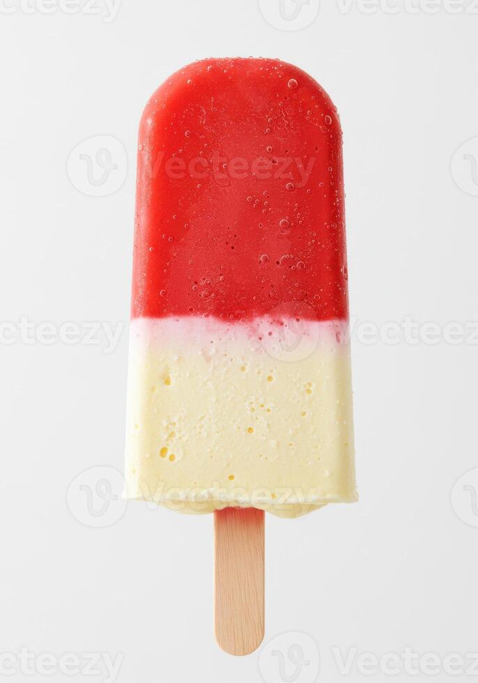 A vibrant layered popsicle in red and cream colors, perfect for a hot day. photo