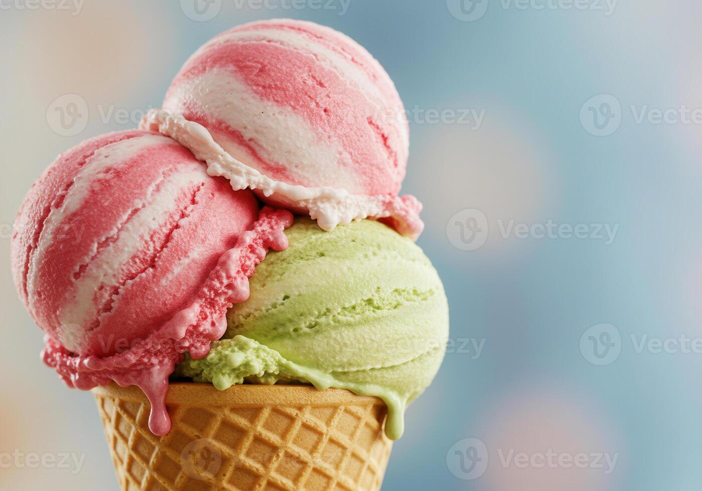 Three scoops of ice cream in a cone, with pink and green flavors on a blurry background. photo