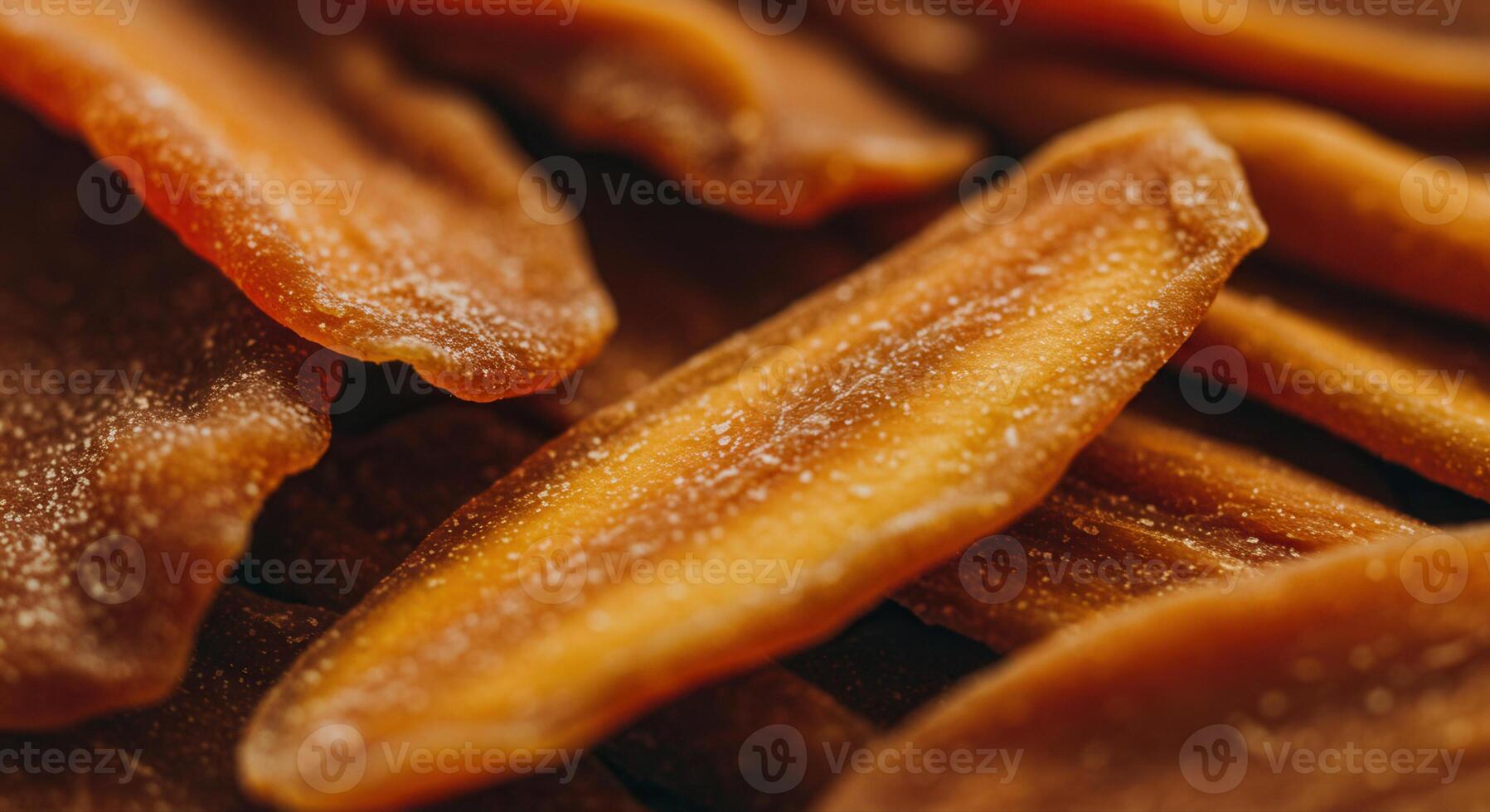 A mouthwatering close-up shows golden dried mango slices with a sugary coating. photo