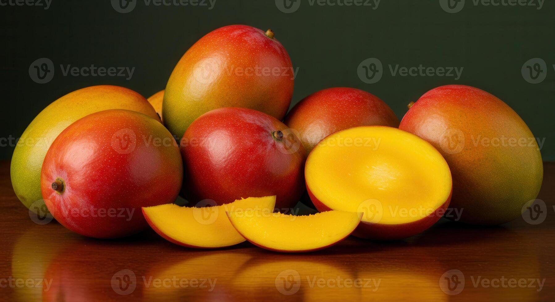 Vibrant close up of ripe mangoes, featuring sliced and whole fruit in a colorful display. photo