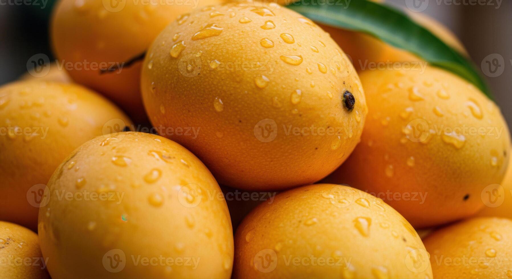 A pile of fresh, ripe mangoes, with water droplets on their skin, ready to be eaten. photo