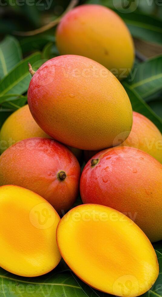 A close up shot of a pile of ripe and juicy mangos, ready to eat. photo