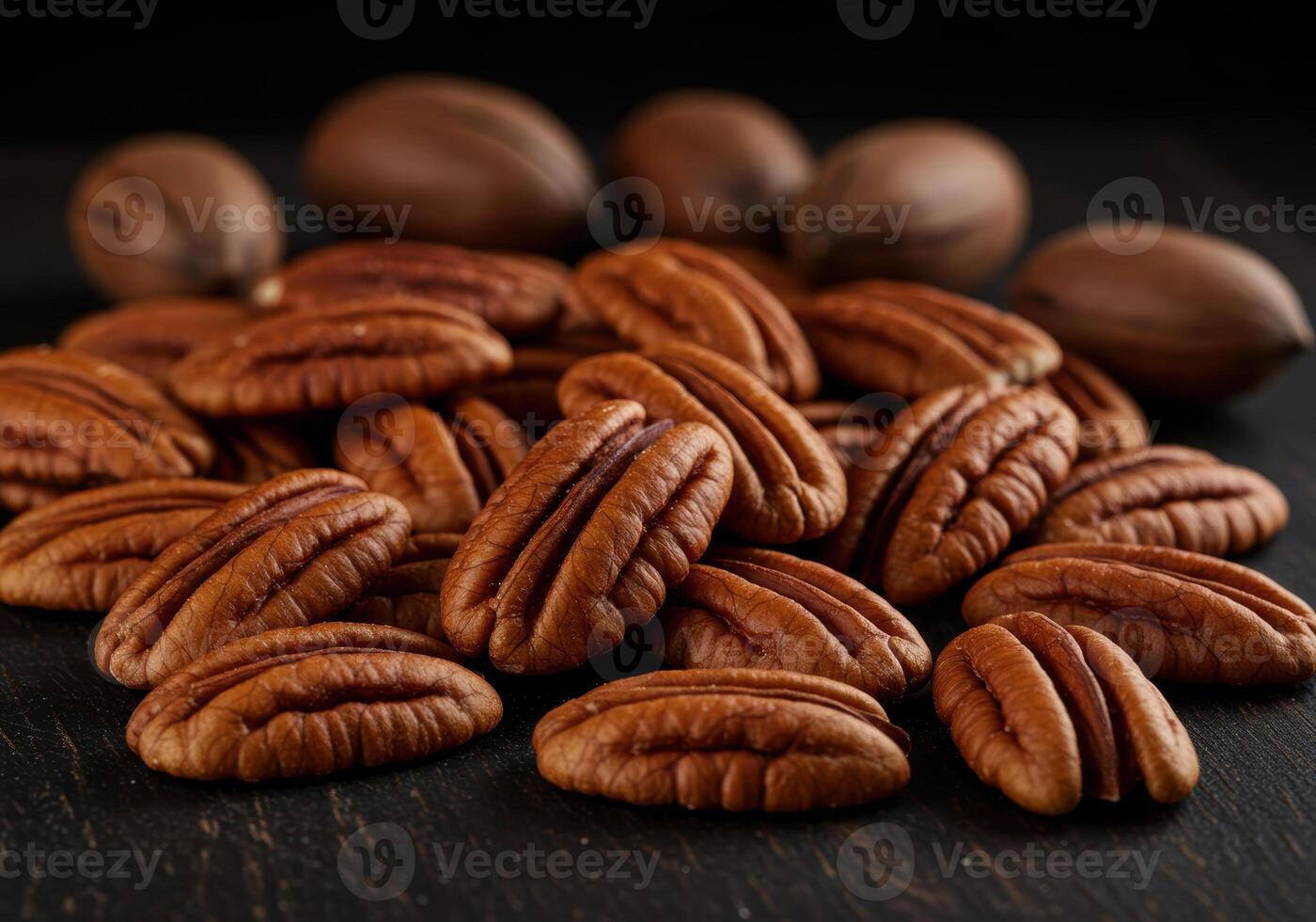 Close up of freshly harvested pecan halves and whole nuts arranged beautifully. photo