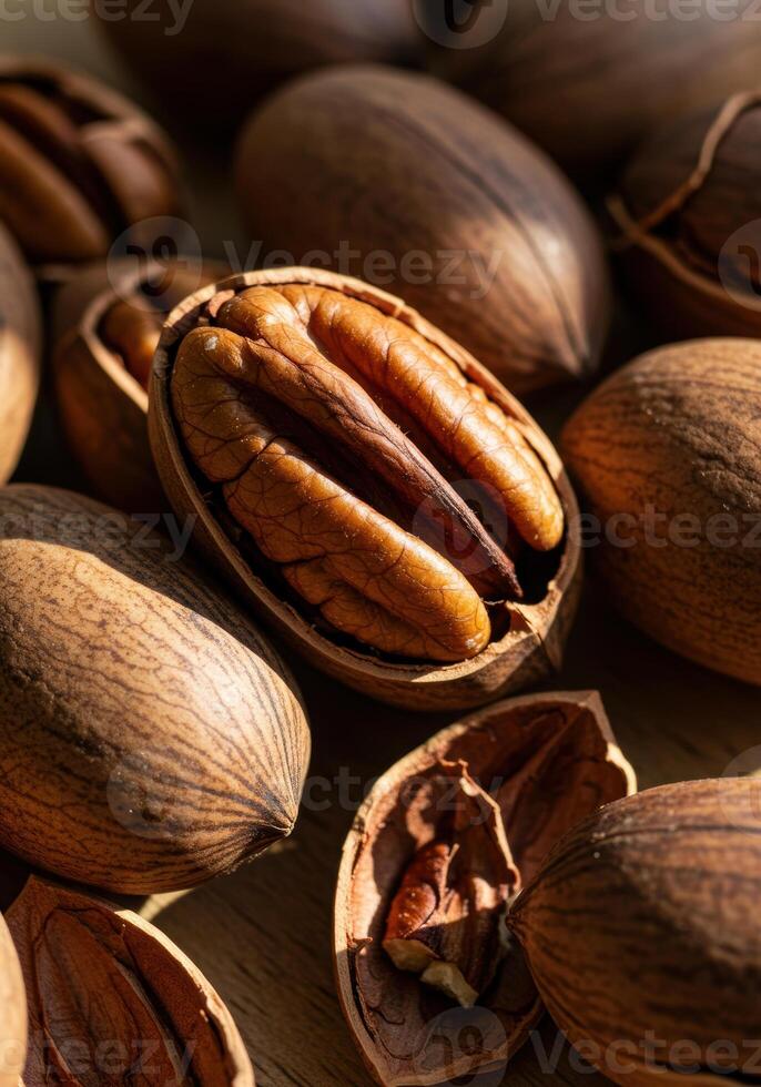 A detailed capture showing open pecan shells, revealing the rich texture of the nuts. photo