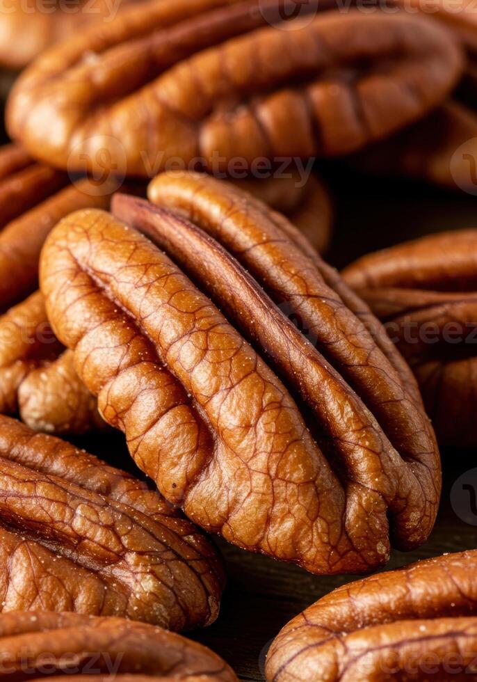 Close up view of several shelled pecans, perfect for adding texture and natural flavour to any recipe. photo
