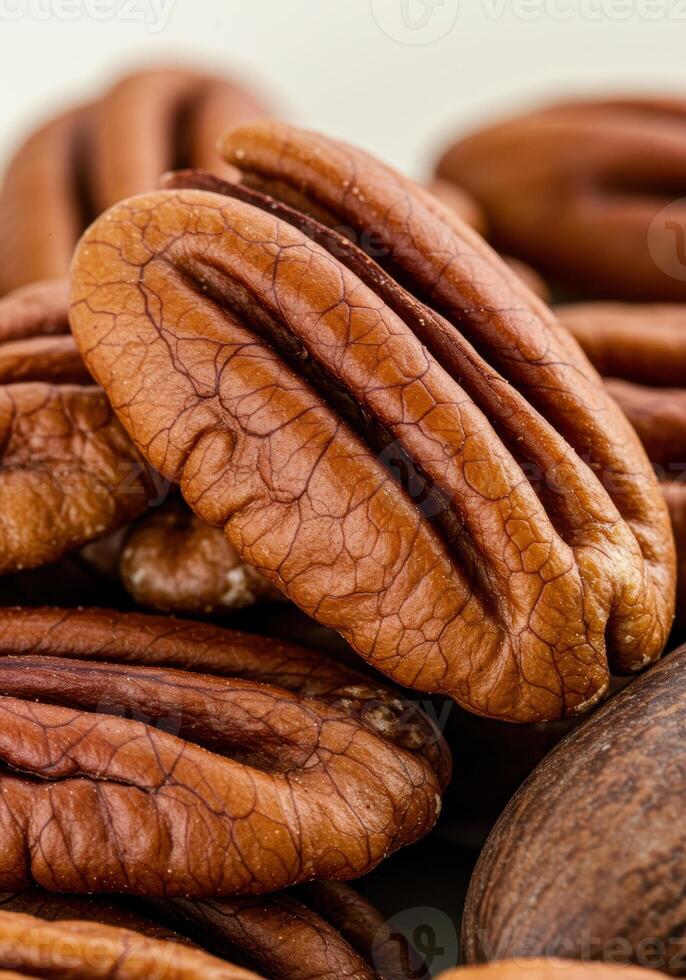 Macro shot of delicious shelled pecans, showcasing their natural details. photo