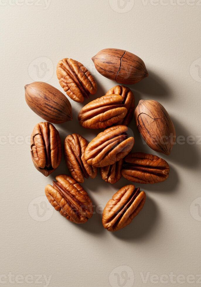 Overhead view of a group of pecans, both shelled and in their natural shells. photo