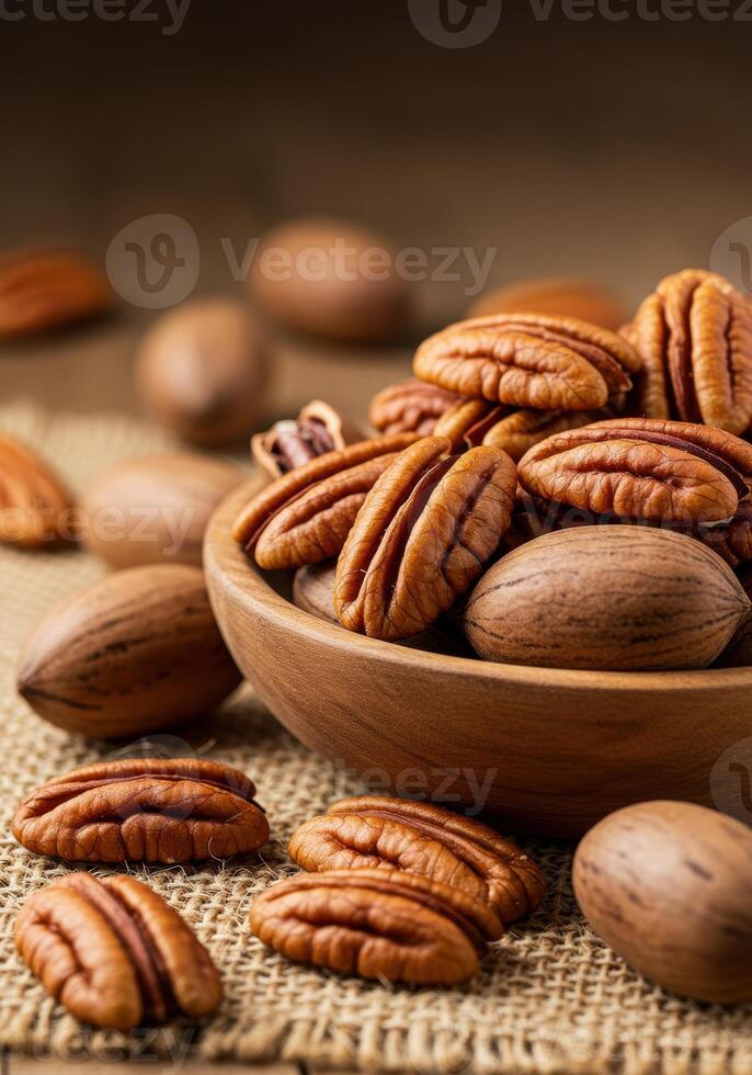A beautiful wooden bowl overflowing with fresh, delicious pecan nuts on a burlap surface. photo
