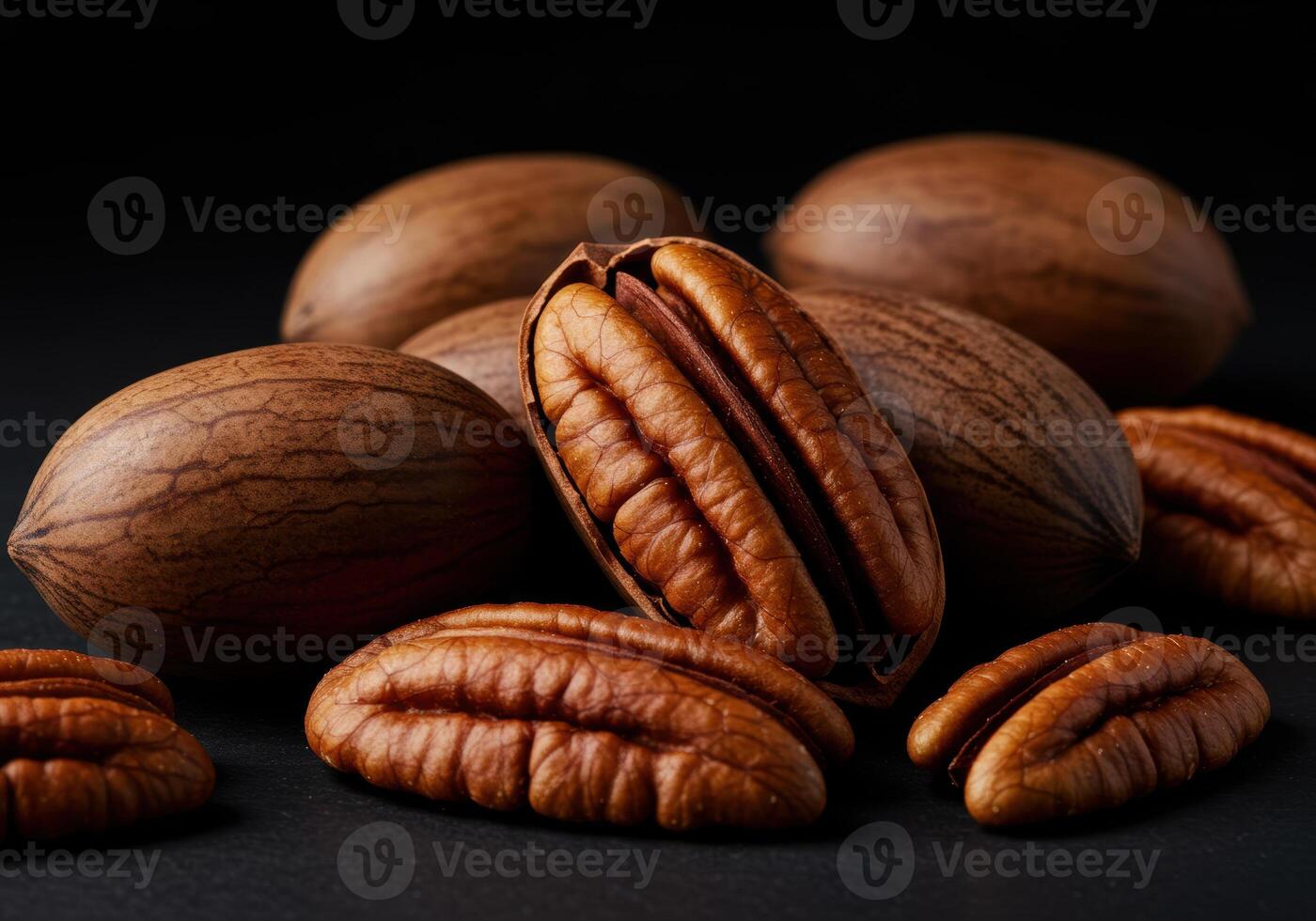 A selection of pecan nuts, both shelled and unshelled, presented on a dark surface. photo