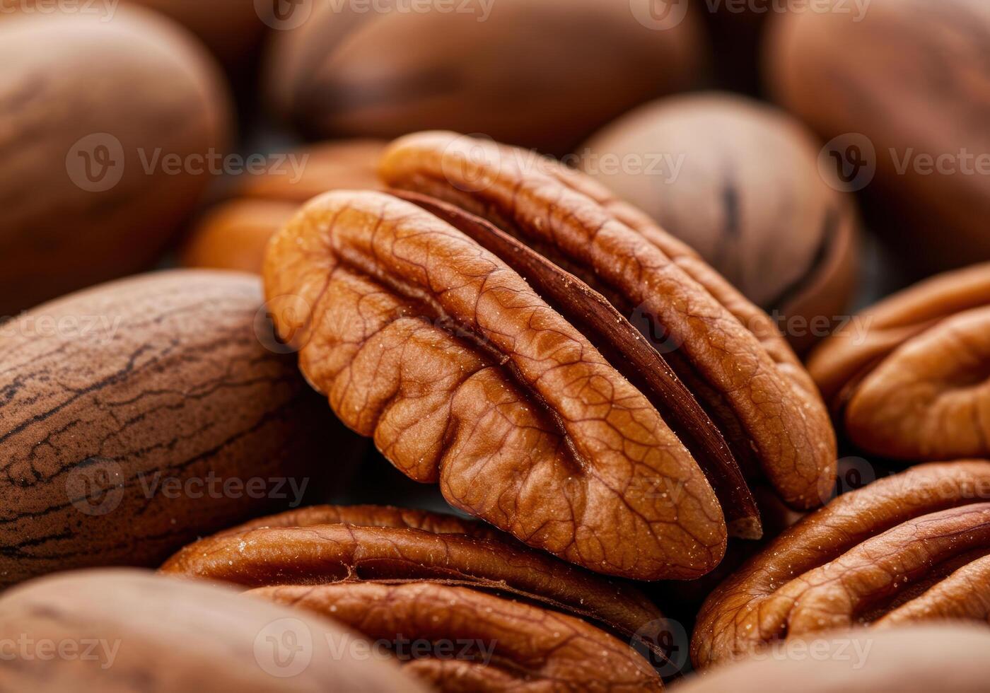 Close-up shot of shelled pecans, revealing their intricate texture and rich, natural brown color. photo