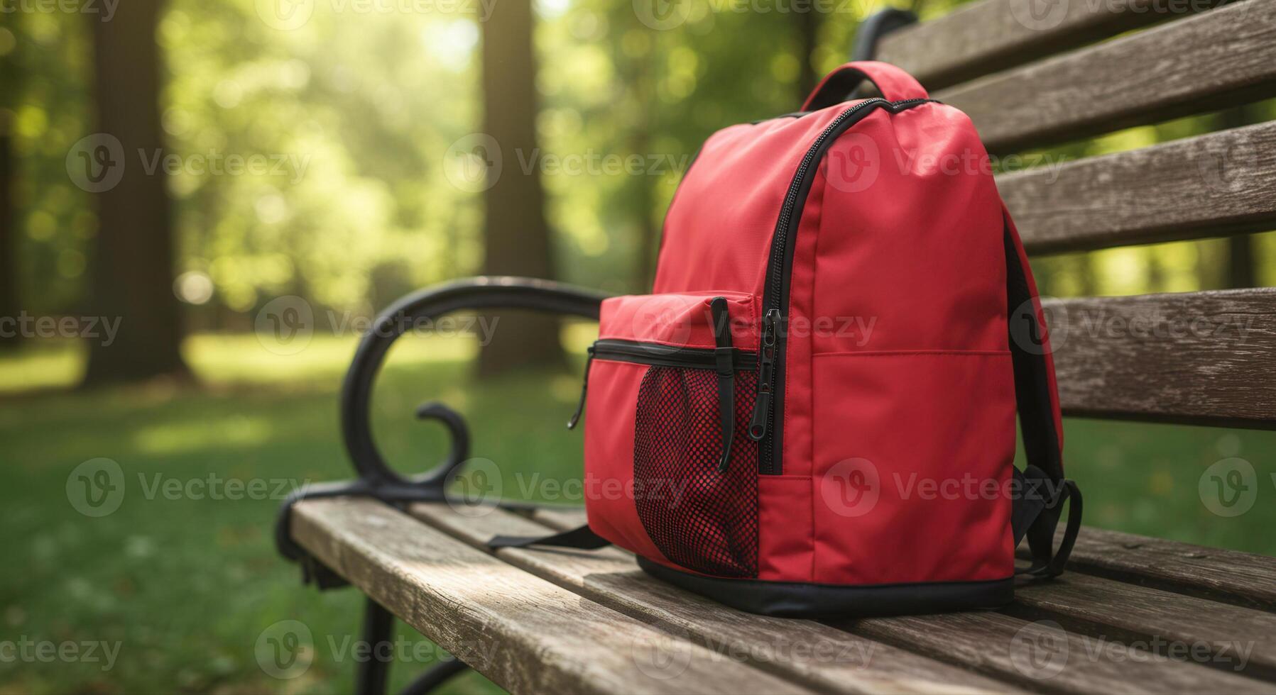 A striking red backpack resting on a weathered wooden park bench on a bright day. photo