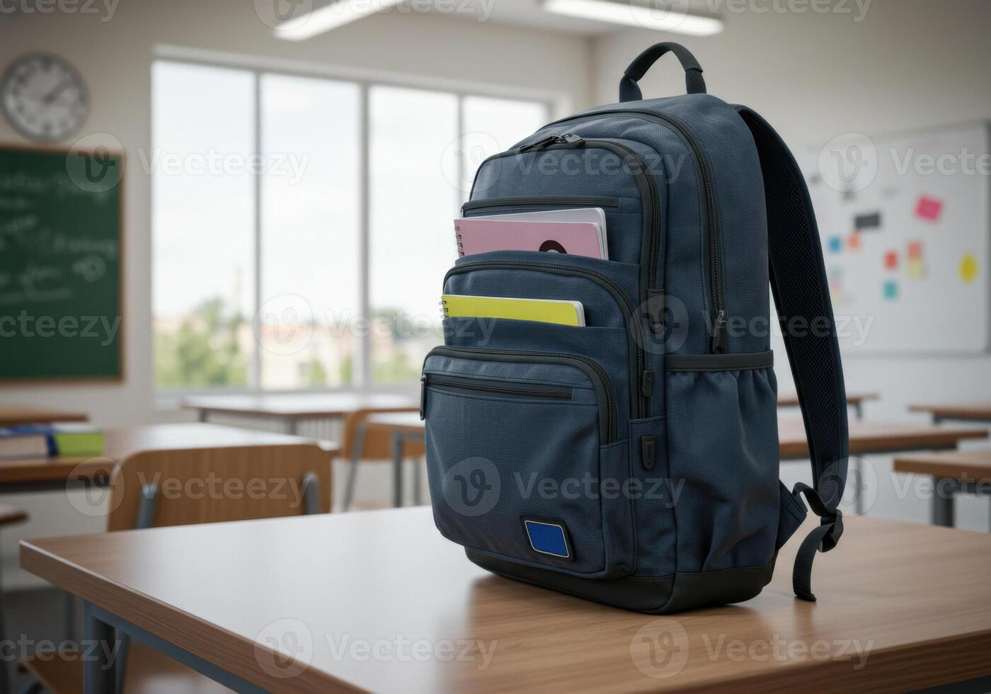 A navy blue backpack rests on a desk in an empty classroom, ready for school. photo