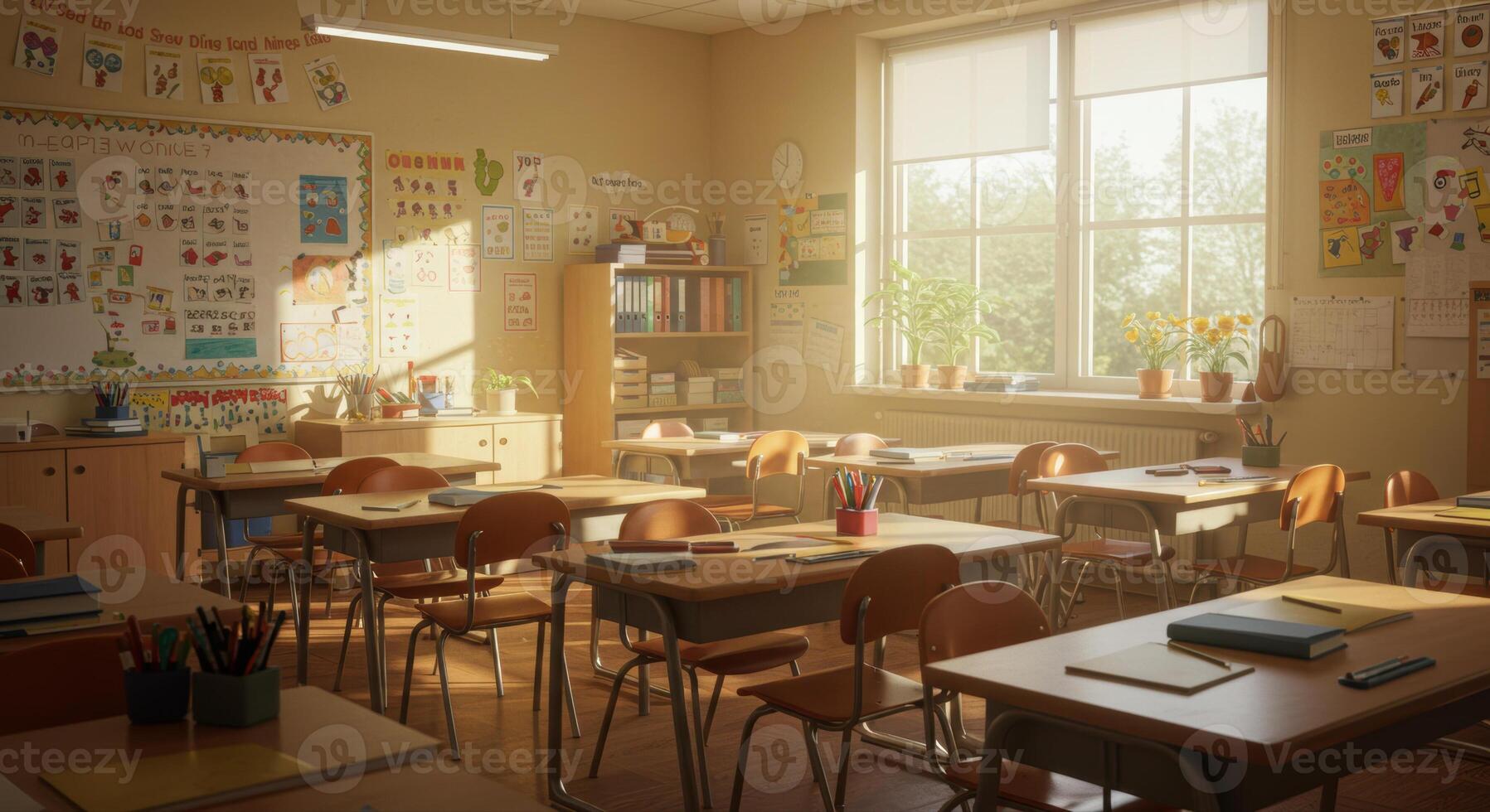 A warmly lit classroom with rows of student desks, creating a peaceful learning space. photo