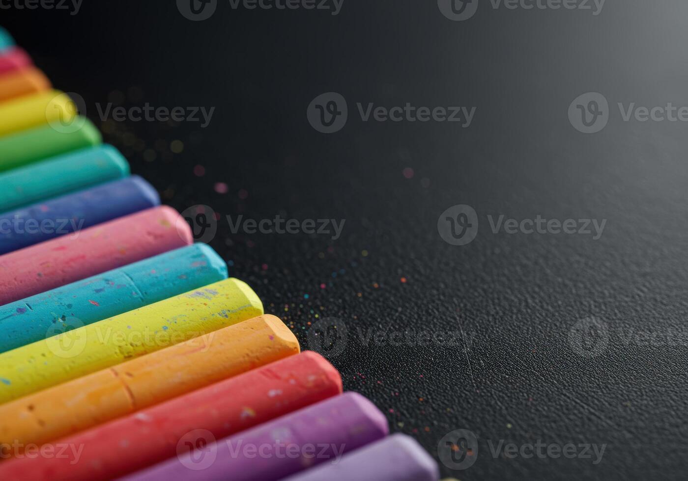 A row of colorful chalk sticks forms a diagonal line against a black backdrop. photo