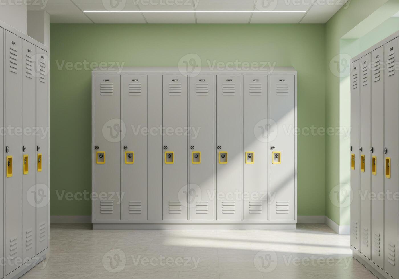 A bright school hallway with lockers aligned and bathed in sunlight, a welcoming scene. photo