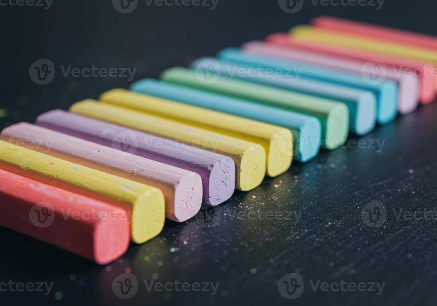 A collection of colorful chalk pieces, arranged in a neat, diagonal line on a dark background. photo