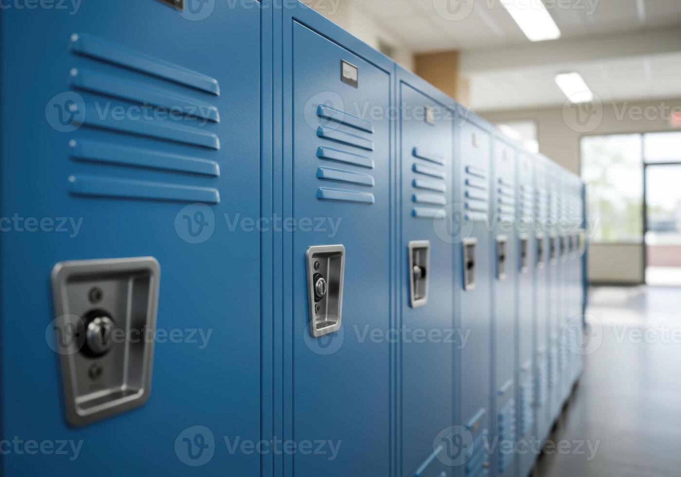 A row of bright blue lockers creates a visual pattern in a school hallway. photo