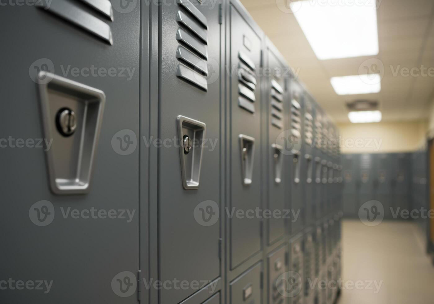 A hallway with a long row of gray lockers, providing organized storage in a school setting. photo