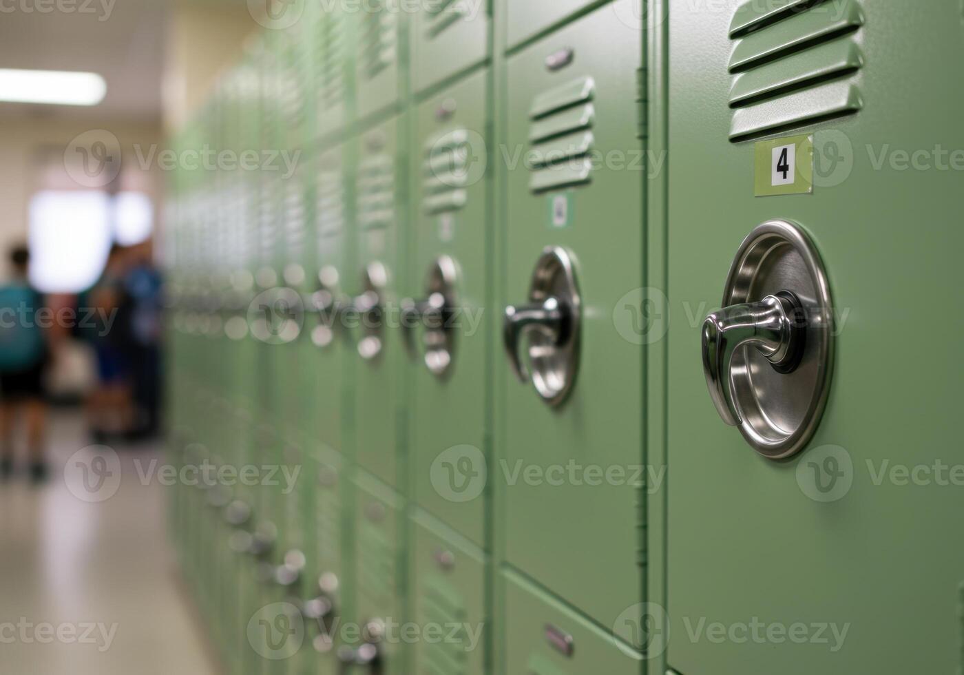 A hallway with a row of green lockers and blurred figures of students. photo