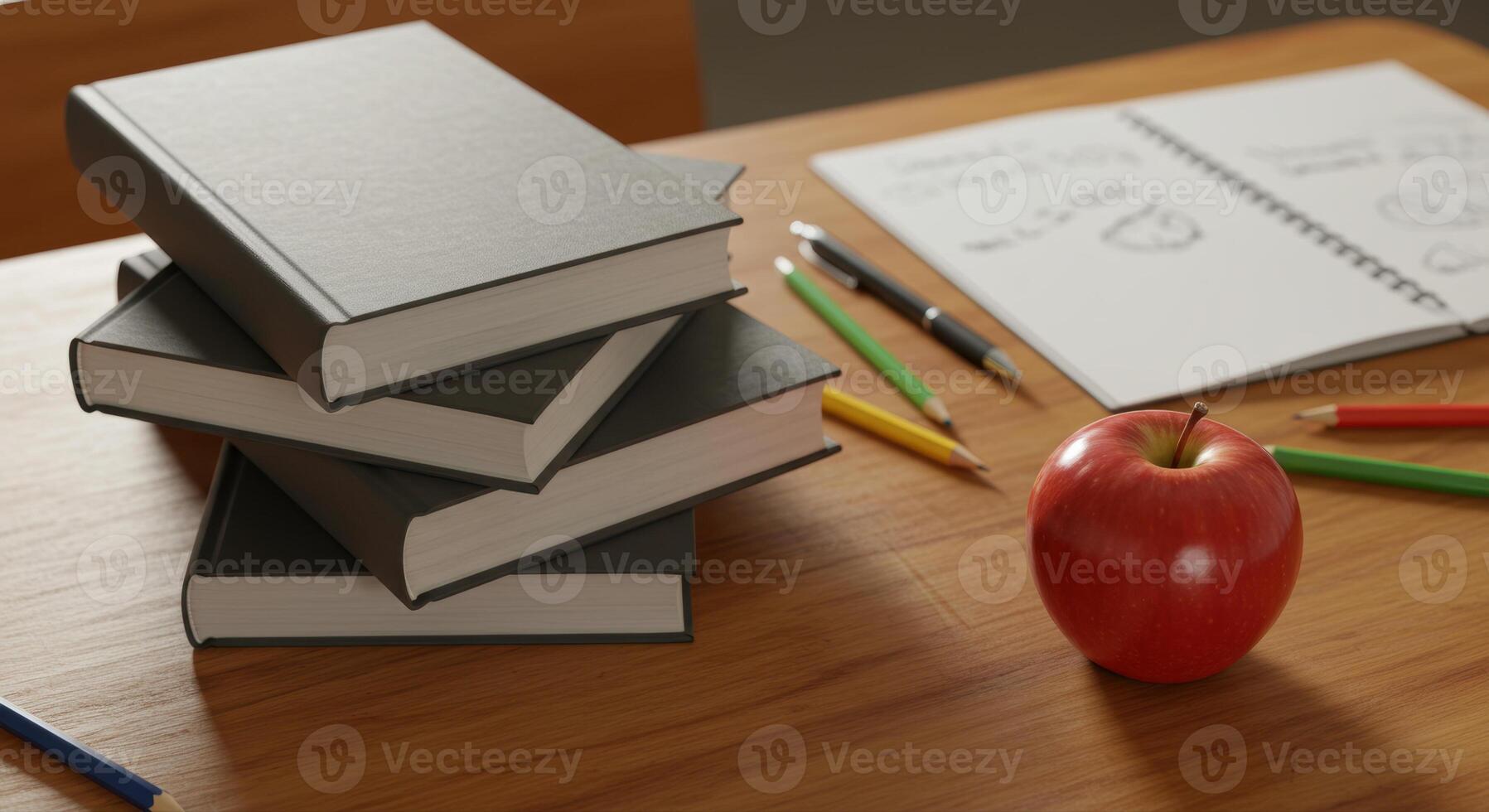 A pile of books and a red apple sit on a desk, ready for a study session. photo