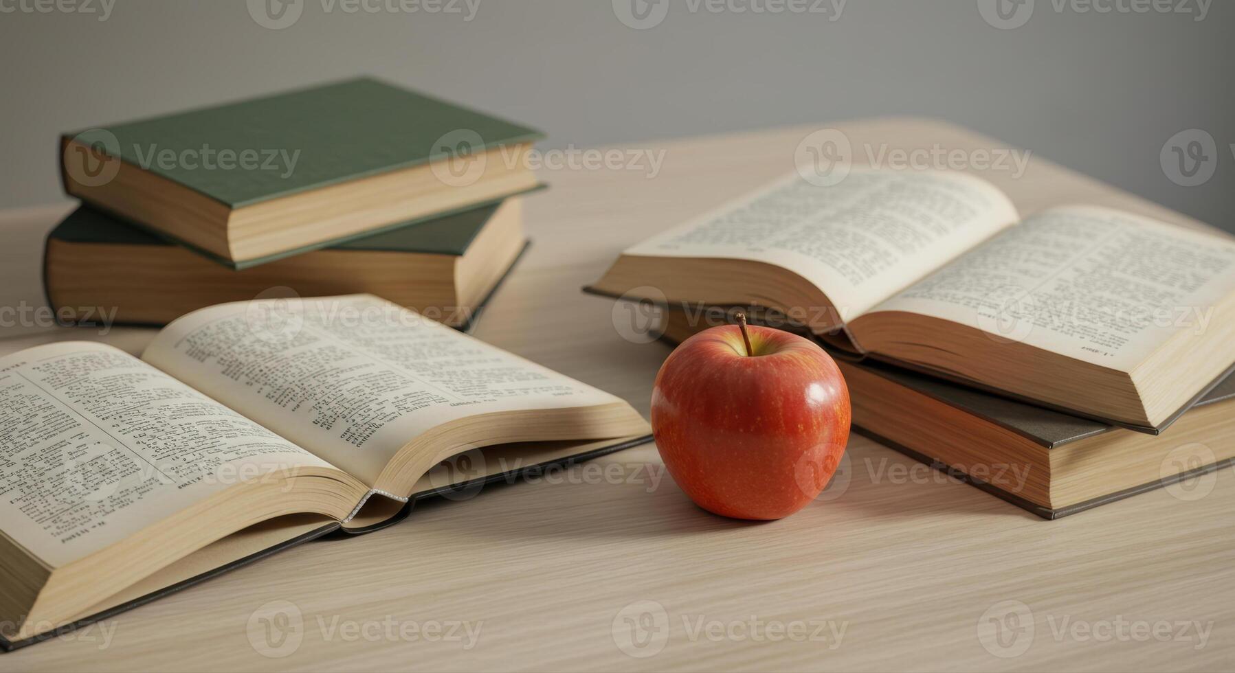 An apple sits next to an open book, a perfect symbol of knowledge and learning. photo