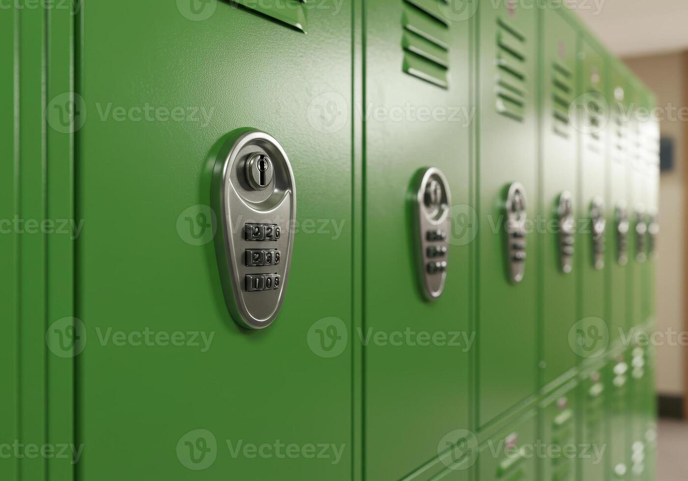 A line of bright green lockers with combination locks in a well-lit hallway. photo