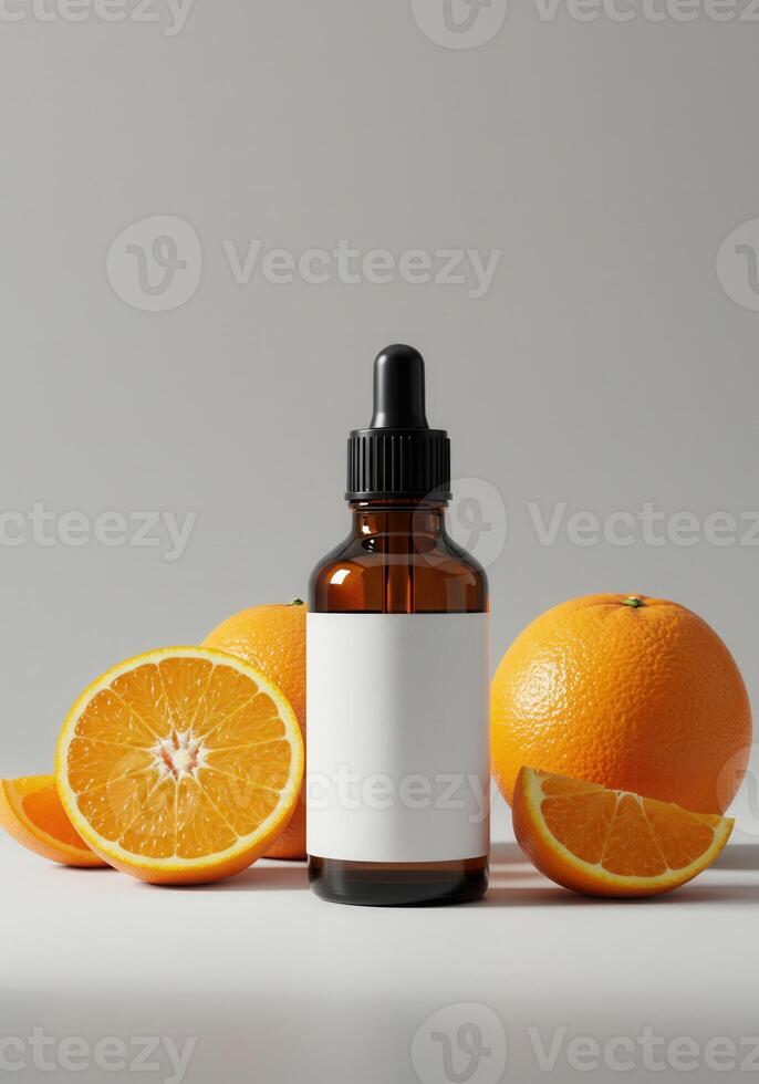 A dropper bottle of essential oil is surrounded by fresh oranges for a natural feel. photo
