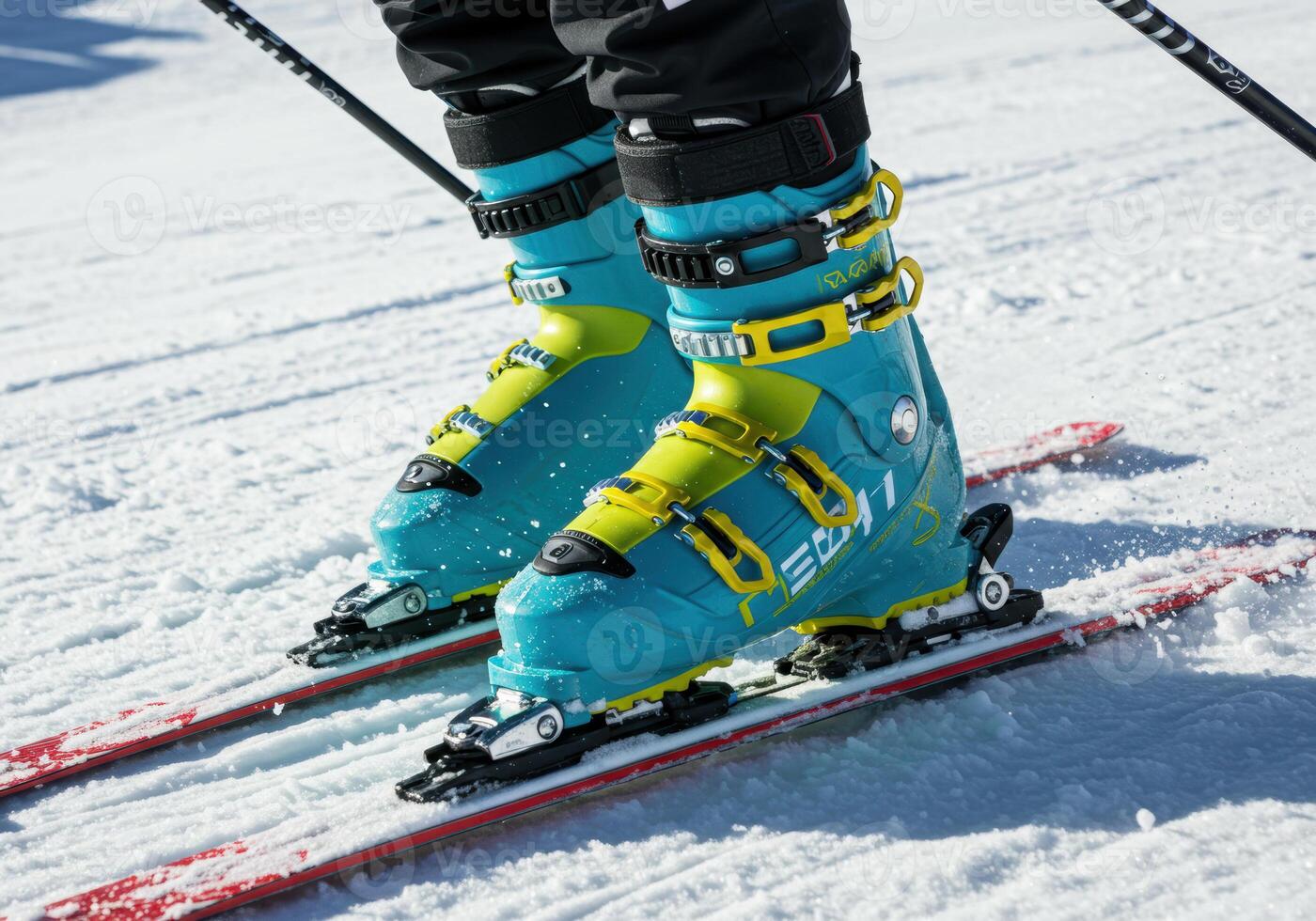 Close-up shot of bright blue and yellow ski boots and skis on a snow-covered slope. photo