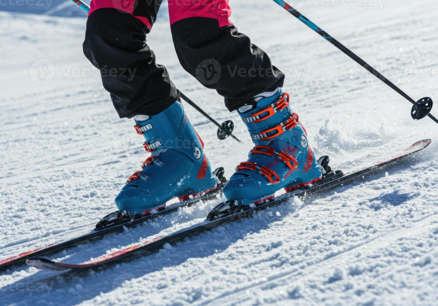Close-up of skis and boots on a snowy slope, capturing the thrill of winter sports. photo