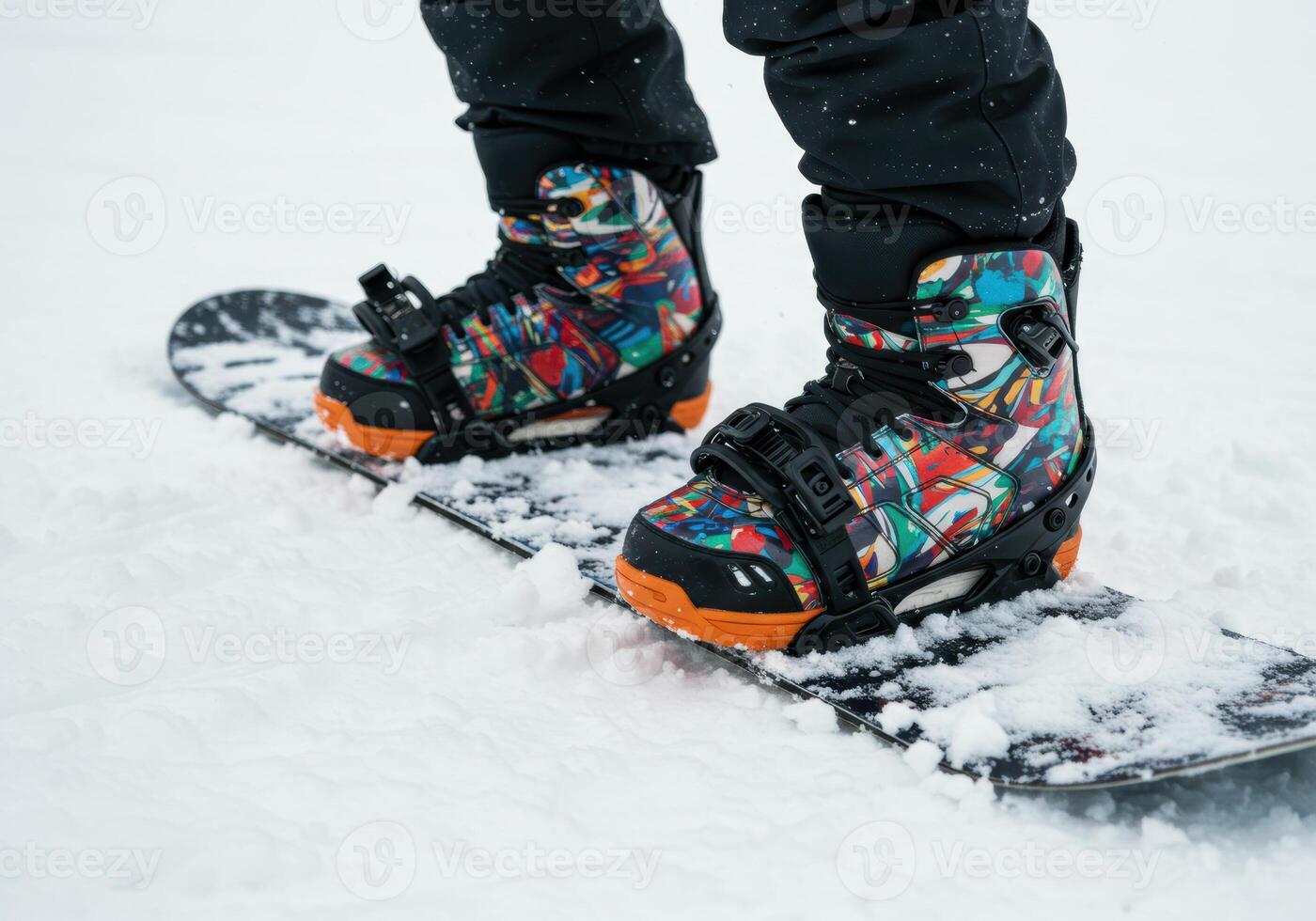 Snowboard boots are fixed on a snowboard ready for the winter snow and the joy of the downhill slope. photo