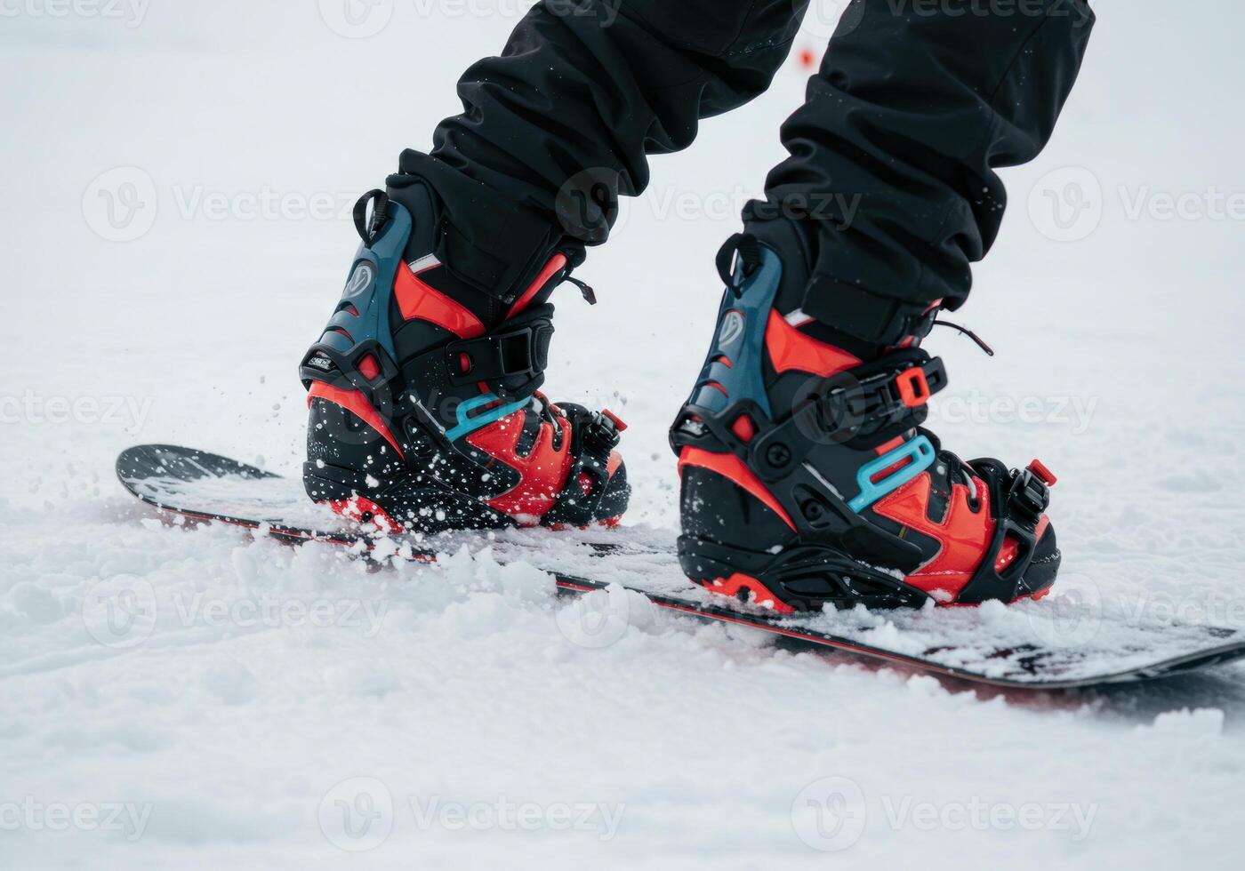 Snowboard boots and board ready for action on a snow covered slope. photo