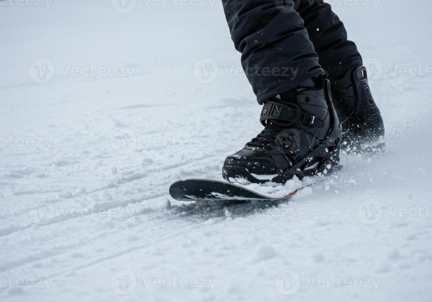 A snowboarder in action, carving through the fresh snow in the winter landscape. photo