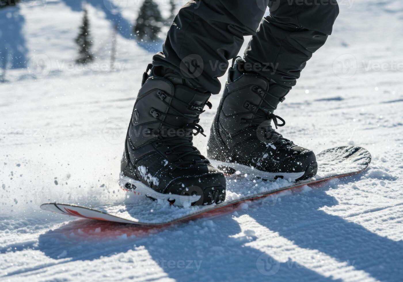 Close up shot of a snowboarder's boots and board riding on fresh, powdery snow. photo