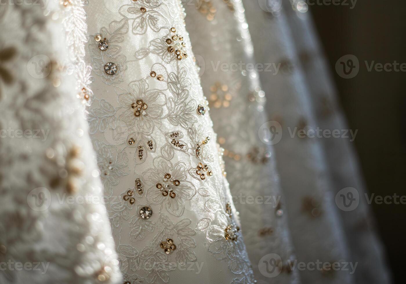 Close-up of a stunning white wedding gown with detailed lace and beadwork. photo