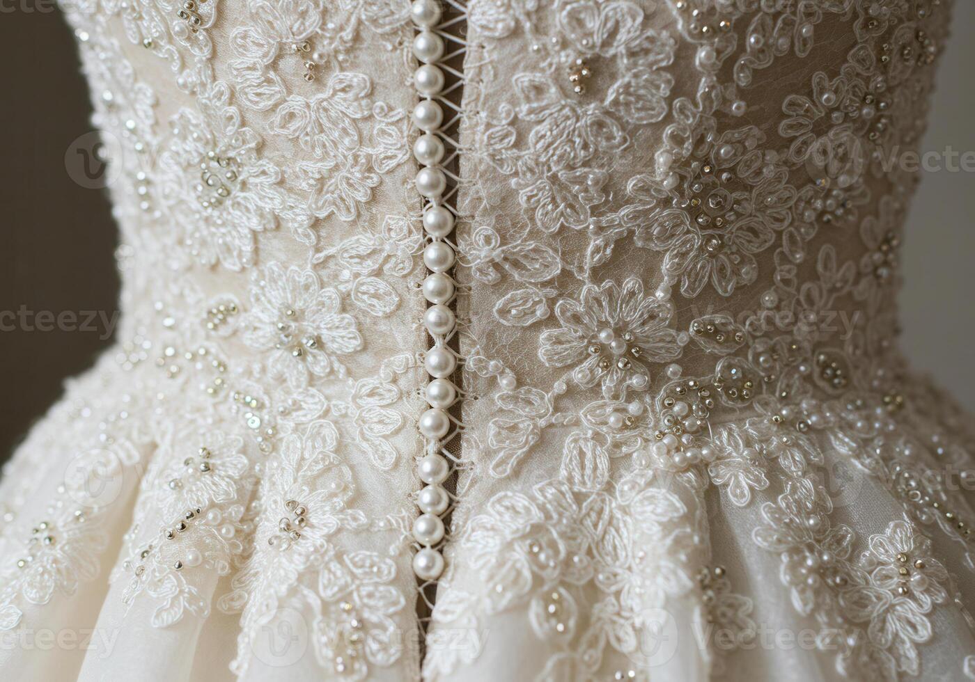 A beautiful ivory wedding dress bodice, adorned with intricate lace and pearls. photo