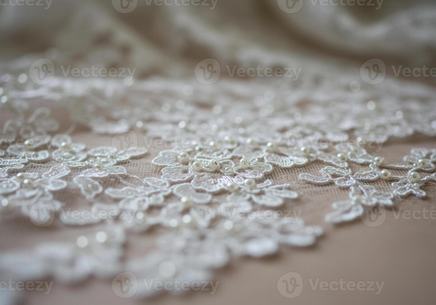 Exquisite lace with embedded pearls creates a captivating, elegant display of craftsmanship. photo