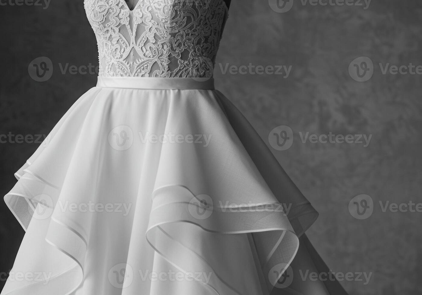 Close up of a stunning white wedding dress with intricate lace details and layers. photo