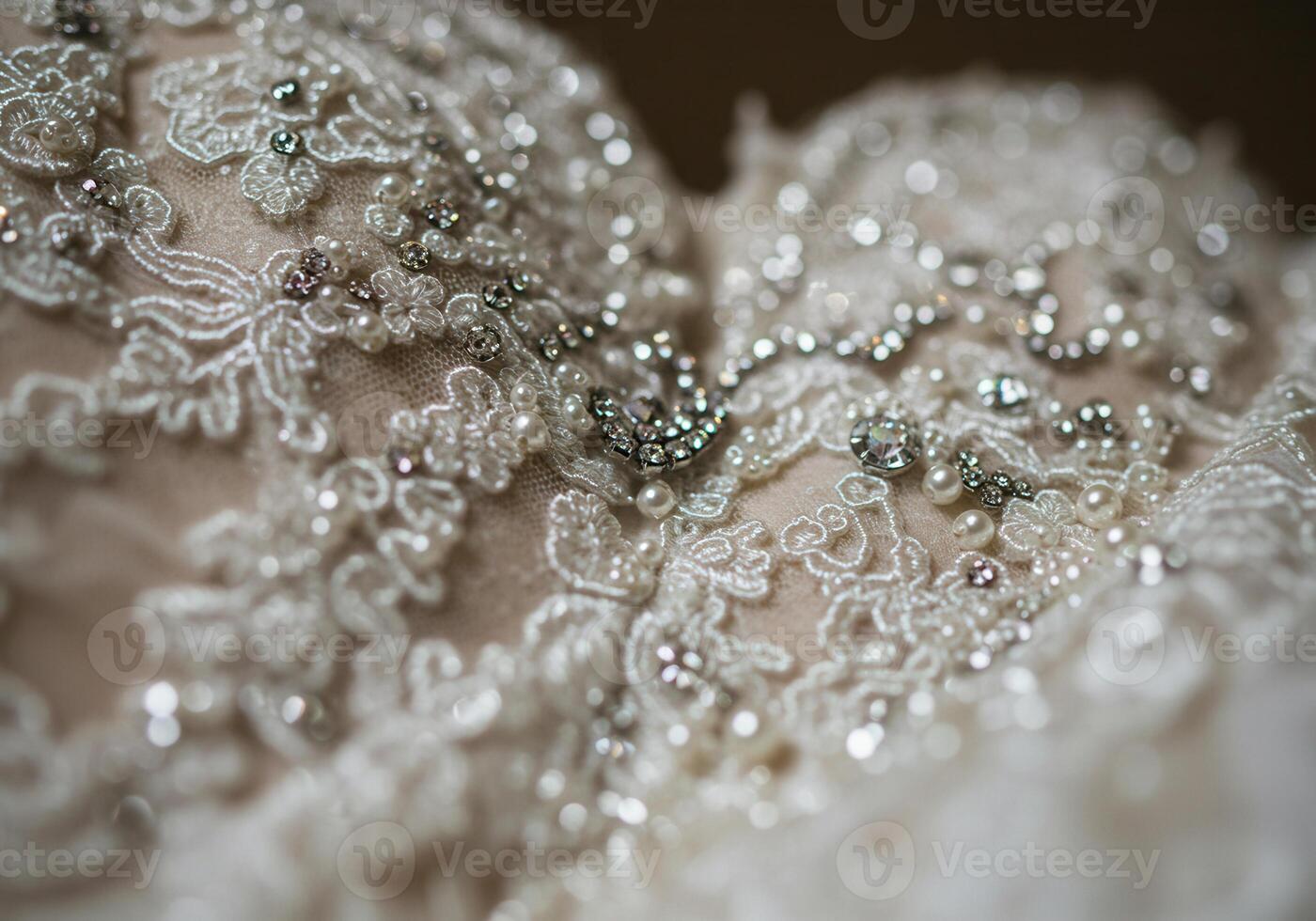 Exquisite close up captures the intricate details of a luxurious wedding gown's bodice. photo